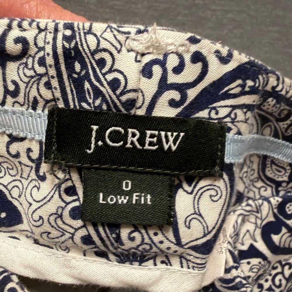 J.Crew Navy White Paisley Low Fit Slim Leg Pants Trousers Size 0 Boho Career